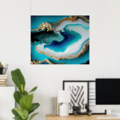Turquoise Aqua Blue Gold Gemstone Acrylpour Art Poster (Thuiskantoor)