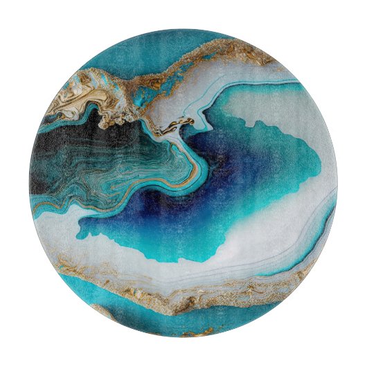Turquoise Aqua Blue Gold Gemstone Acrylpour Art Snijplank (Voorkant)