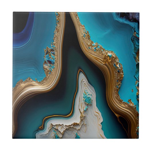 Turquoise Aqua Blue Gold Gemstone Acrylpour Art Tegeltje (Voorkant)