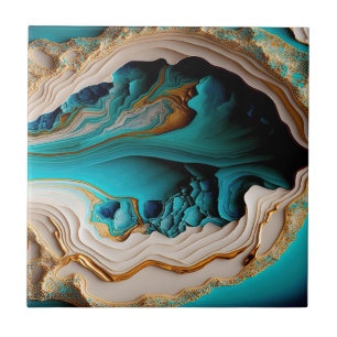 Turquoise Aqua Blue Gold Gemstone Acrylpour Art Tegeltje