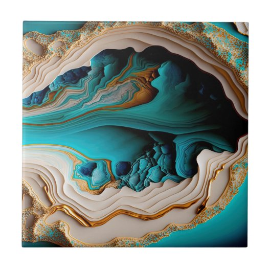 Turquoise Aqua Blue Gold Gemstone Acrylpour Art Tegeltje (Voorkant)
