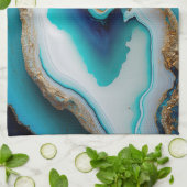 Turquoise Aqua Blue Gold Gemstone Acrylpour Art Theedoek (Gevouwen)