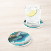 Turquoise Aqua Blue Gold Gemstone Acrylpour Art Zandsteen Onderzetter (Zijkant)