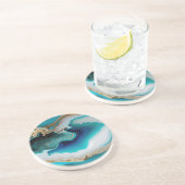 Turquoise Aqua Blue Gold Gemstone Acrylpour Art Zandsteen Onderzetter (Zijkant)