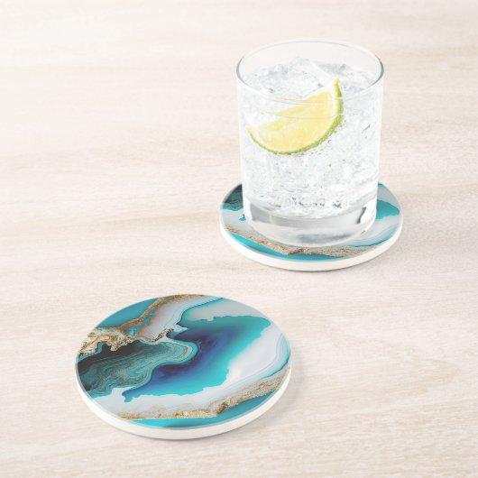 Turquoise Aqua Blue Gold Gemstone Acrylpour Art Zandsteen Onderzetter (Zijkant)