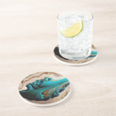 Turquoise Aqua Blue Gold Gemstone Acrylpour Art Zandsteen Onderzetter (Zijkant)