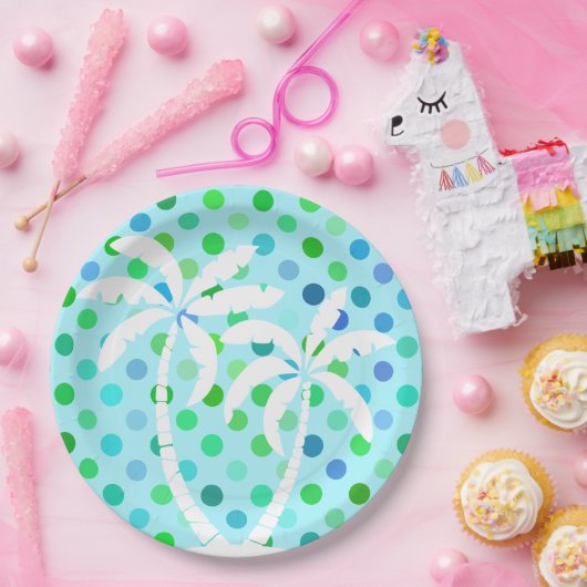 Turquoise Aqua Blue Lime Green Polkadots Pattern Papieren Bordje (Feest)