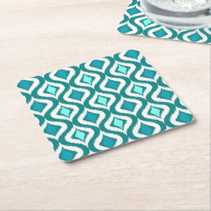 Turquoise Aqua Blue Retro Chic Ikat Drups Patroon Kartonnen Onderzetters