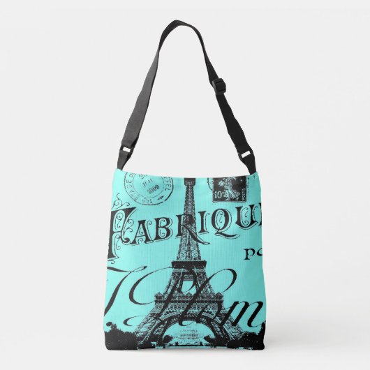 turquoise aqua blue scripts Paris Eiffeltoren Crossbody Tas (Achterkant)