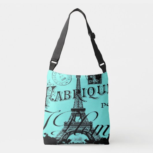 turquoise aqua blue scripts Paris Eiffeltoren Crossbody Tas (Voorkant)