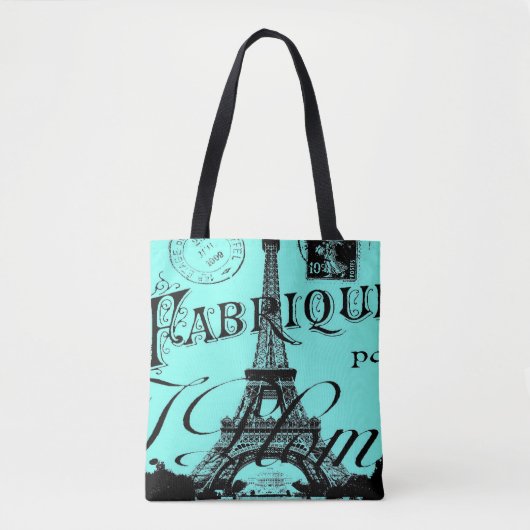 turquoise aqua blue scripts Paris Eiffeltoren Tote Bag (Voorkant)