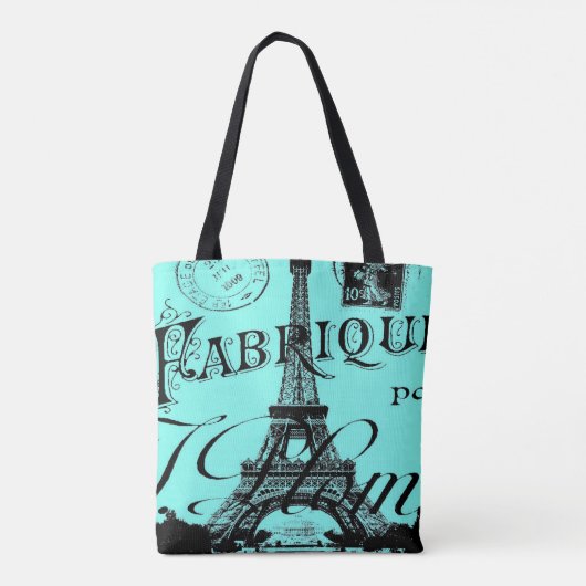 turquoise aqua blue scripts Paris Eiffeltoren Tote Bag (Achterkant)