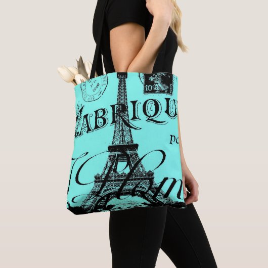 turquoise aqua blue scripts Paris Eiffeltoren Tote Bag (Dichtbij)