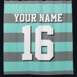 Turquoise Aqua Charcoal Sports Jersey Stripe Douchegordijn<br><div class="desc">Preppy Striped Team Jersey / Sports Jersey / Football Jersey / Rugby Jersey met aangepaste naam Pas dit aan met uw eigen naam of teamnaam en een nummer. U kunt de grootte, de kleur en de plaatsing van de tekst wijzigen als u wijzigingen moet aanbrengen, de kleur van de tekstschaduw...</div>