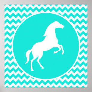 Turquoise, Aqua Color Chevron; Equestrian Poster