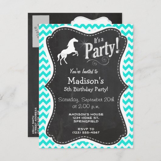 Turquoise, Aqua Color Chevron; Equestrian Uitnodiging Briefkaart (Voorkant / Achterkant)