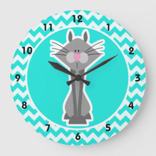 Turquoise, Aqua Color Chevron, Gray Cat Grote Klok