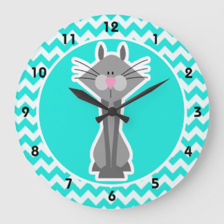 Turquoise, Aqua Color Chevron, Gray Cat Grote Klok