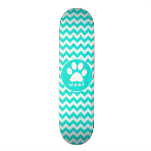 Turquoise, Aqua Color Chevron; Paw Print Skateboard