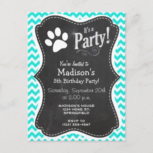 Turquoise, Aqua Color Chevron; Paw Print Uitnodiging Briefkaart (Voorkant)