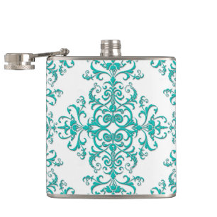 Turquoise Aqua en Witte Fantasie Bloemendamasker Heupfles