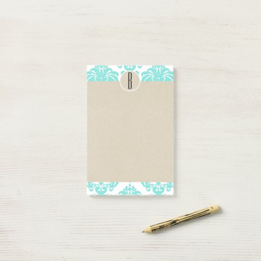 Turquoise Aqua Glam Damask Kraft Monogram Initiaal Post-it® Notes (Op bureau)