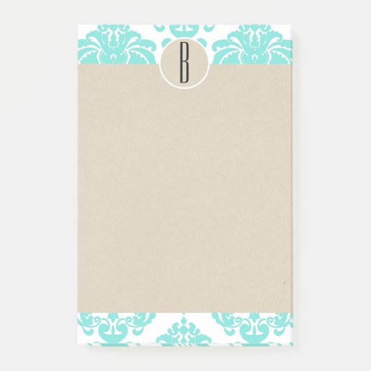 Turquoise Aqua Glam Damask Kraft Monogram Initiaal Post-it® Notes (Voorkant)