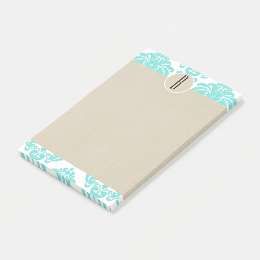 Turquoise Aqua Glam Damast Kraft Monogram Initiaal Post-it® Notes (Schuin)