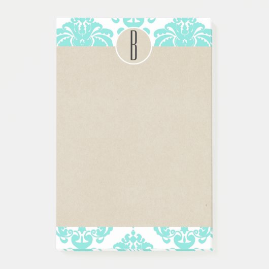 Turquoise Aqua Glam Damast Kraft Monogram Initiaal Post-it® Notes (Voorkant)