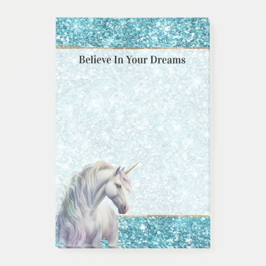 Turquoise Aqua Glanz Glitter Eenhoorn Post-it® Notes (Voorkant)