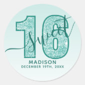 Turquoise Aqua Glitter Script Sweet 16 Verjaardag Ronde Sticker (Voorkant)