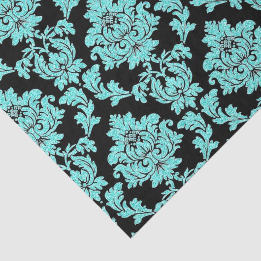 Turquoise aqua glitter zwart damast ontwerp tissuepapier (Detail)