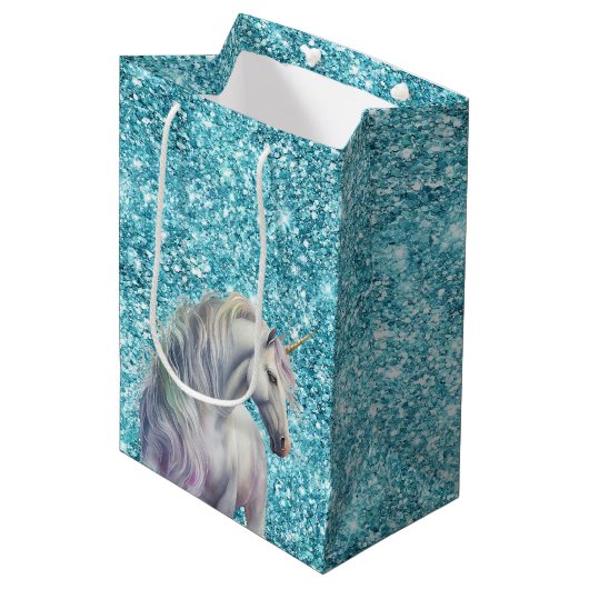 Turquoise Aqua Glitz Glitter Eenhoorn Medium Cadeauzakje (Voorkant Gekanteld)