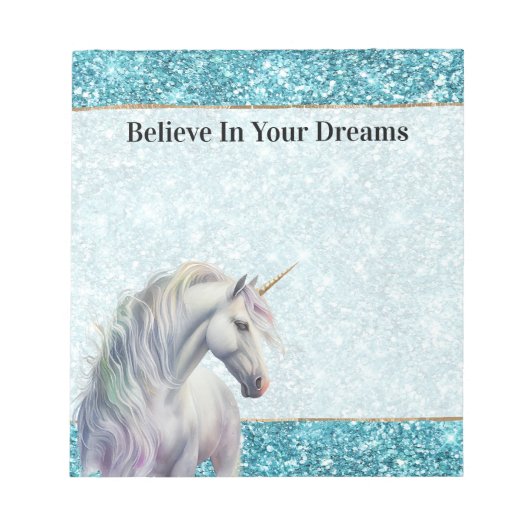 Turquoise Aqua Glitz Glitter Eenhoorn Notitieblok (Voorkant)