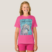 Turquoise Aqua Glitz Glitter Eenhoorn T-shirt (Voorkant volledig)