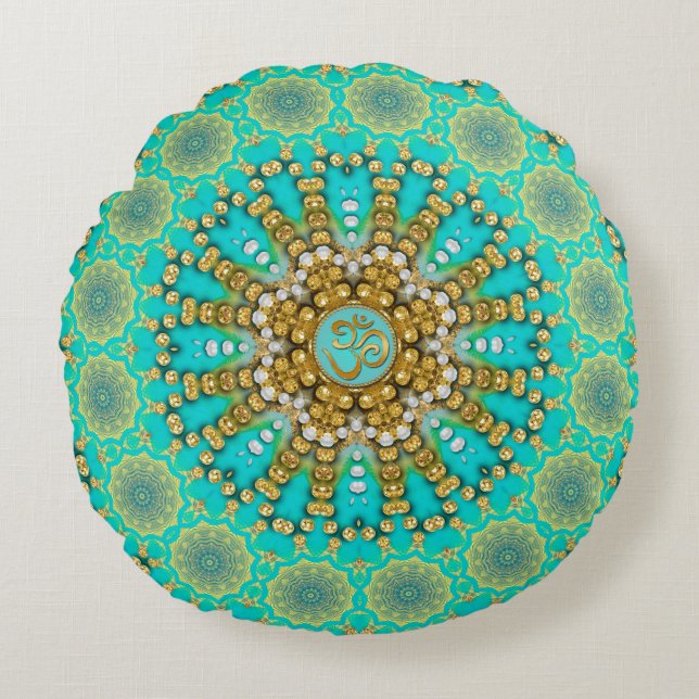 Turquoise Aqua Gold Bohemian Mandala OM Yoga Rond Kussen (Voorkant)