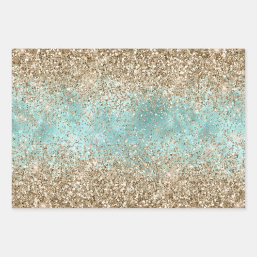 Turquoise Aqua Gold Glam Glitter Inpakpapier Vel (Voorkant 3)