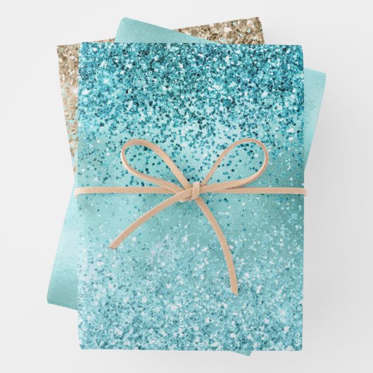 Turquoise Aqua Gold Glam Glitter Inpakpapier Vel (In situ)