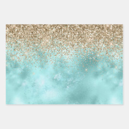 Turquoise Aqua Gold Glam Glitter Sparkle      Inpakpapier Vel