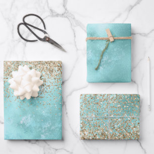 Turquoise Aqua Gold Glam Glitter Sparkle      Inpakpapier Vel