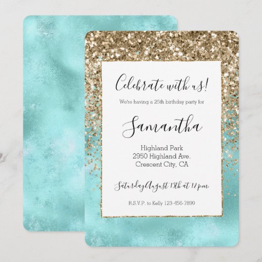 Turquoise Aqua Gold Glam Glitter Sparkle Kaart (Voorkant / Achterkant)