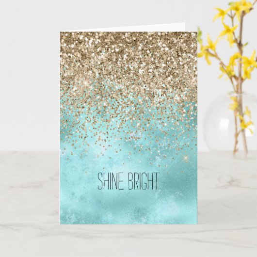 Turquoise Aqua Gold Glam Glitter Sparkle Kaart (Gele Bloem)