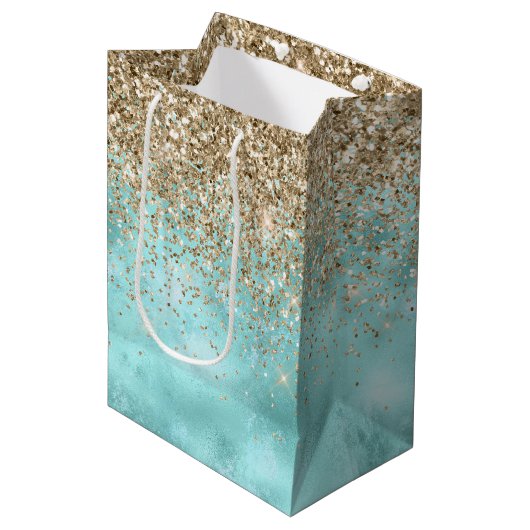 Turquoise Aqua Gold Glam Glitter Sparkle      Medium Cadeauzakje (Voorkant Gekanteld)