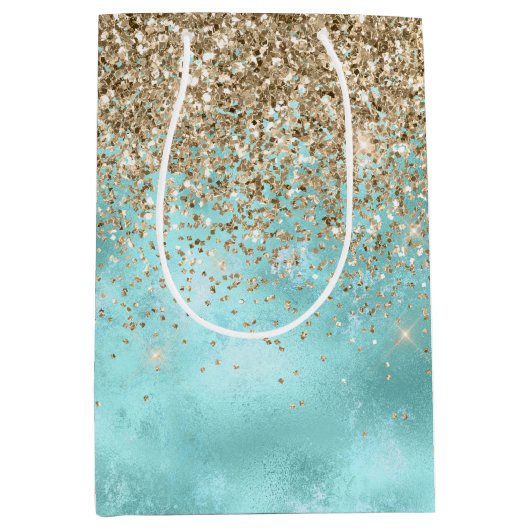 Turquoise Aqua Gold Glam Glitter Sparkle      Medium Cadeauzakje (Voorkant)
