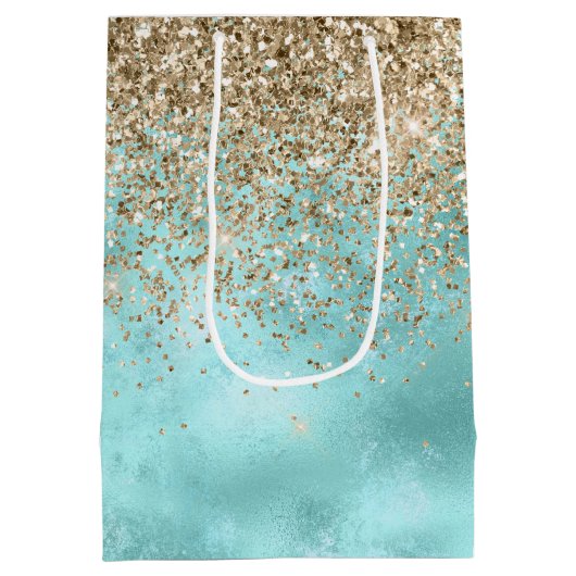 Turquoise Aqua Gold Glam Glitter Sparkle      Medium Cadeauzakje (Achterkant)