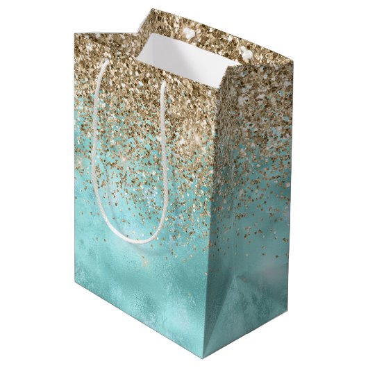 Turquoise Aqua Gold Glam Glitter Sparkle      Medium Cadeauzakje (Achterkant Gekanteld)