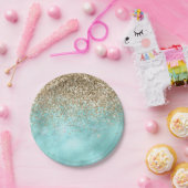 Turquoise Aqua Gold Glam Glitter Sparkle      Papieren Bordje (Feest)