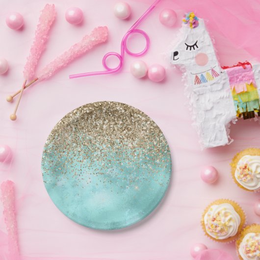 Turquoise Aqua Gold Glam Glitter Sparkle      Papieren Bordje (Feest)
