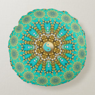 Turquoise Aqua Gold Yin Yang Strand Mandala Rond Kussen