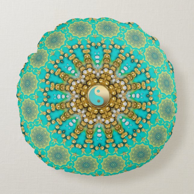 Turquoise Aqua Gold Yin Yang Strand Mandala Rond Kussen (Voorkant)